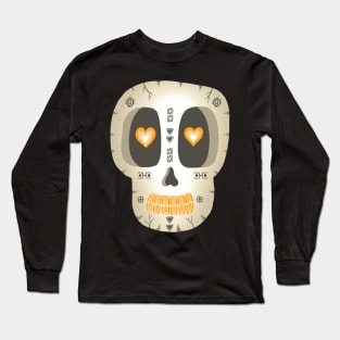 Cute Skull- Dia De Los Muertos- Beige Sugar Skull -Orange Heart eyes Long Sleeve T-Shirt